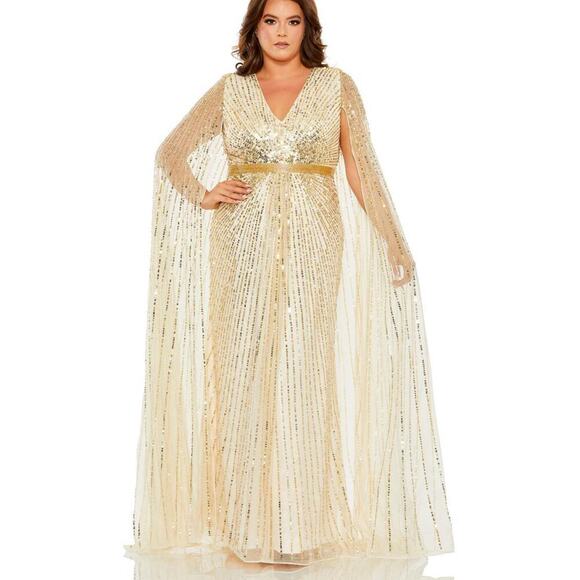Mac Duggal Sequined V-Neck Gown Maxi Dress Cape Sleeves Nude Size 14W NWT - Picture 2 of 11